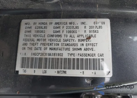 2009 Honda Accord 2.4 Lx from USA, damaged, VIN 1HGCP26319A181902